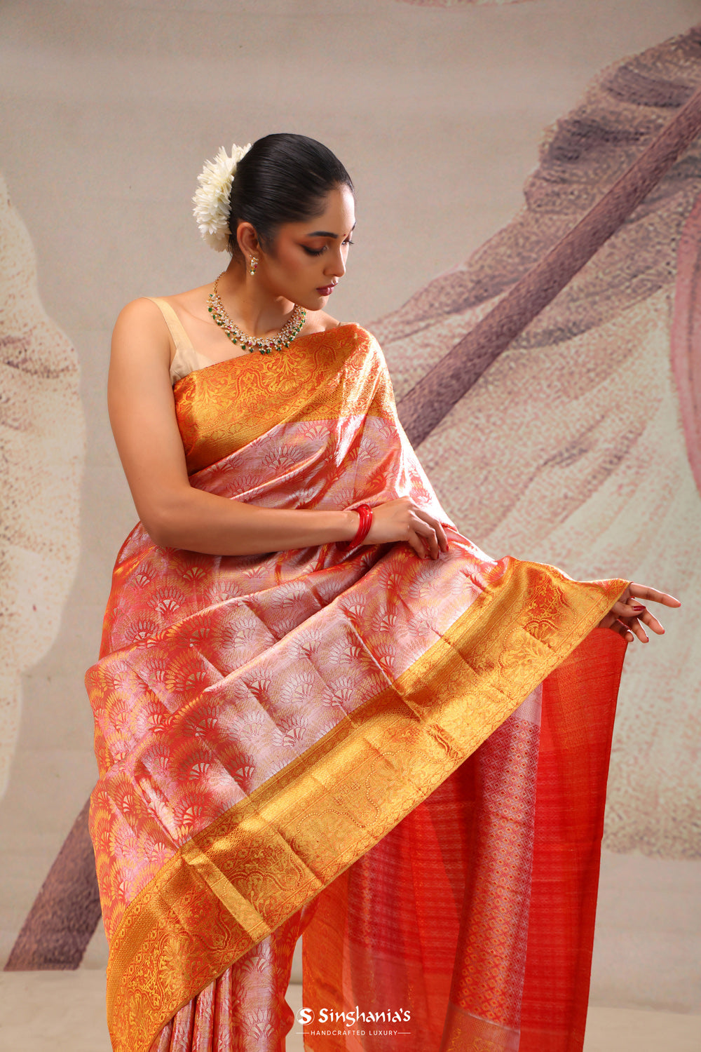 Georgia Peach Heritage Kanjivaram Silk Saree
