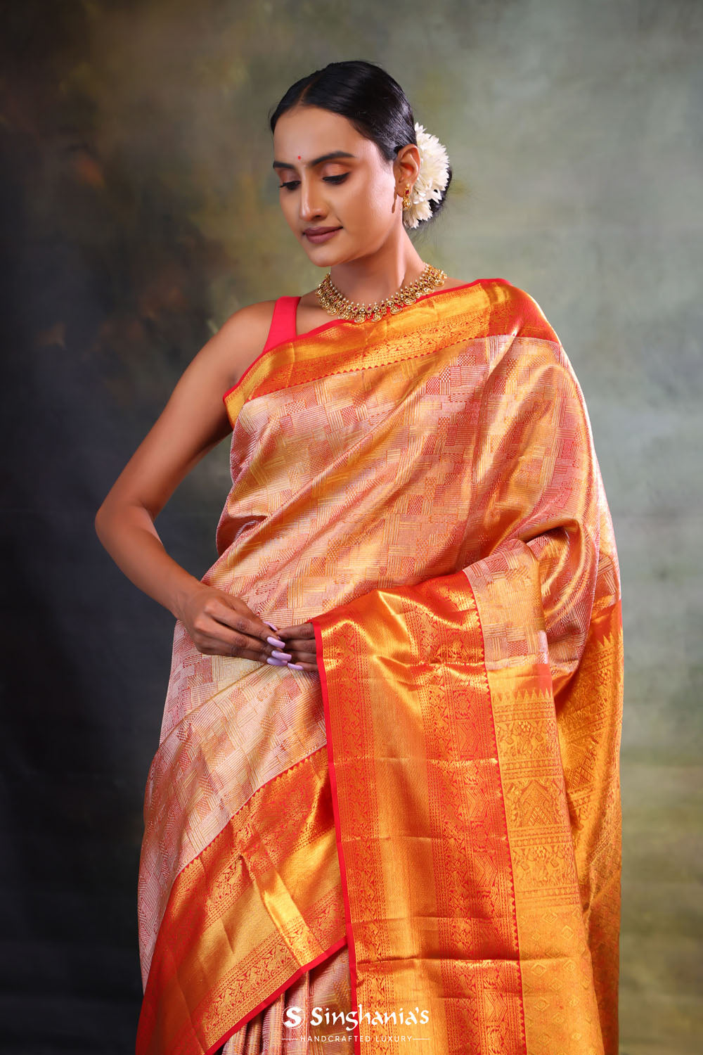 Orange Gold Jaal Kanjivaram Silk Saree