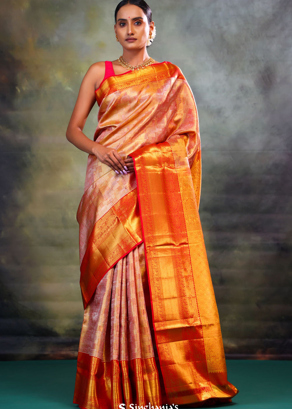 Orange Gold Jaal Kanjivaram Silk Saree
