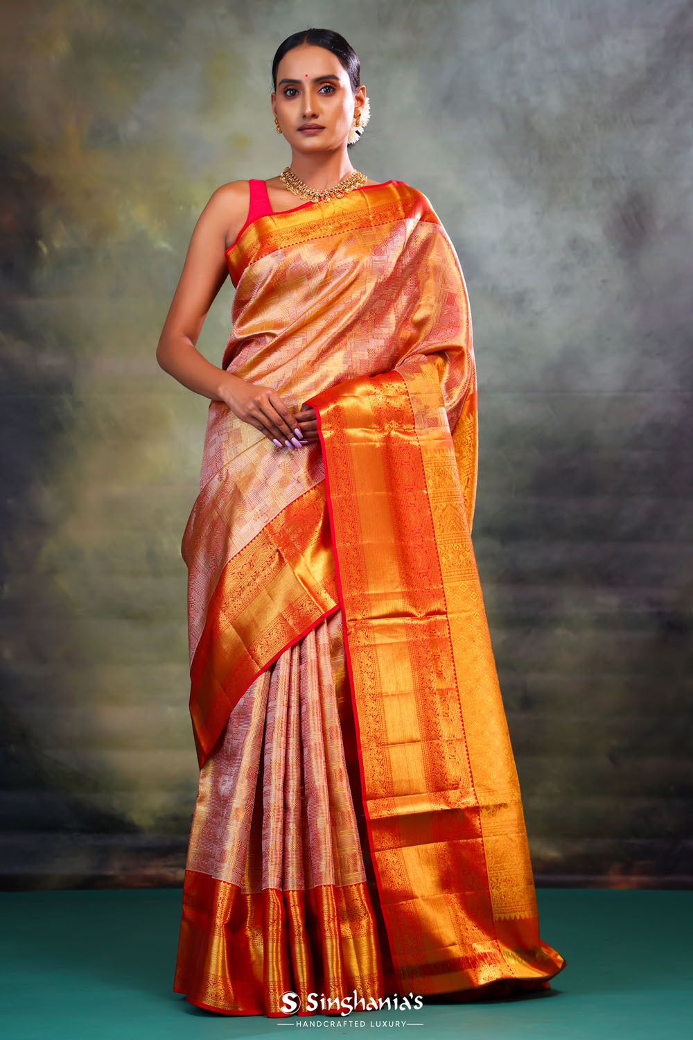 Orange Gold Jaal Kanjivaram Silk Saree
