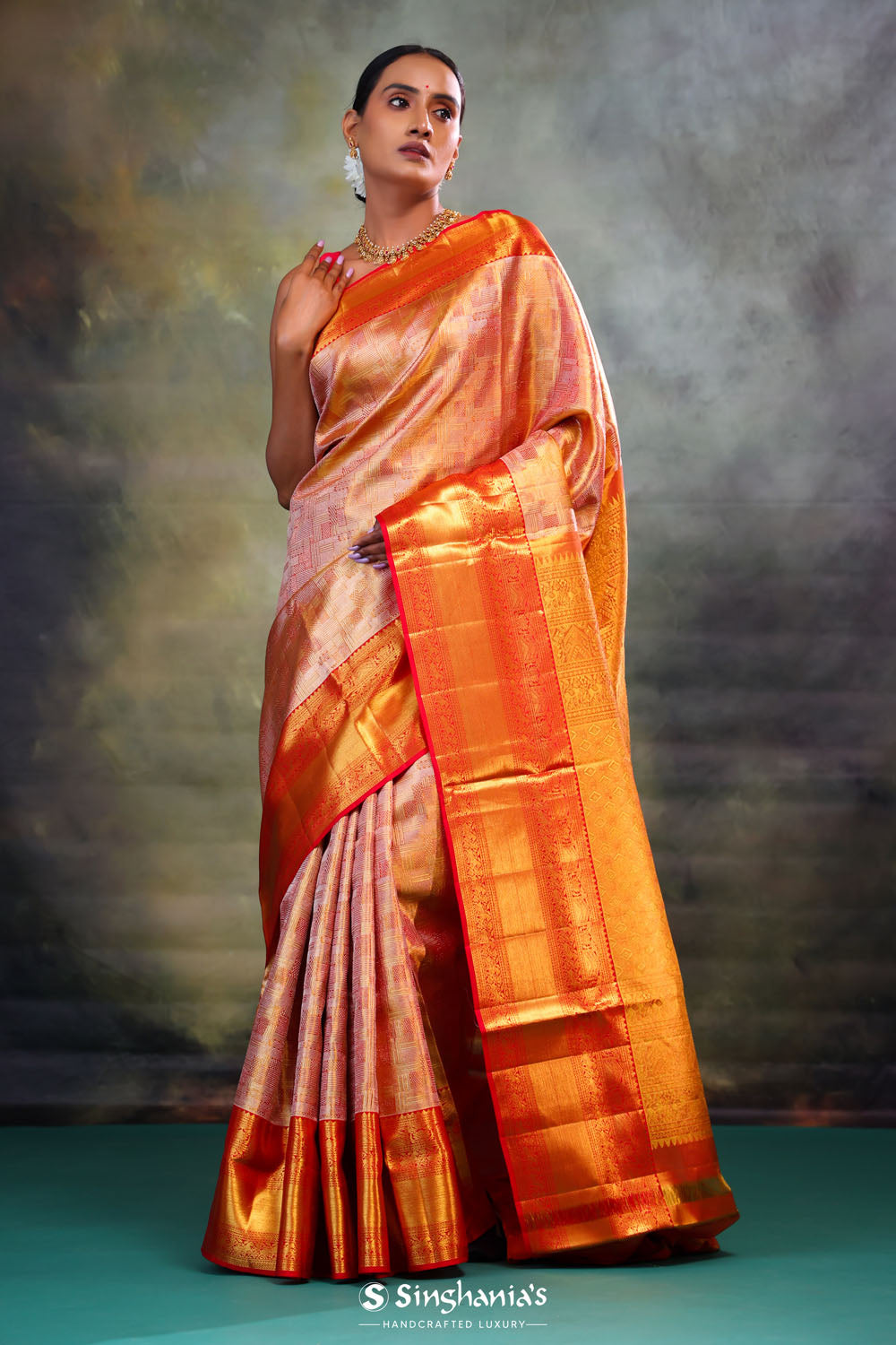 Orange Gold Jaal Kanjivaram Silk Saree