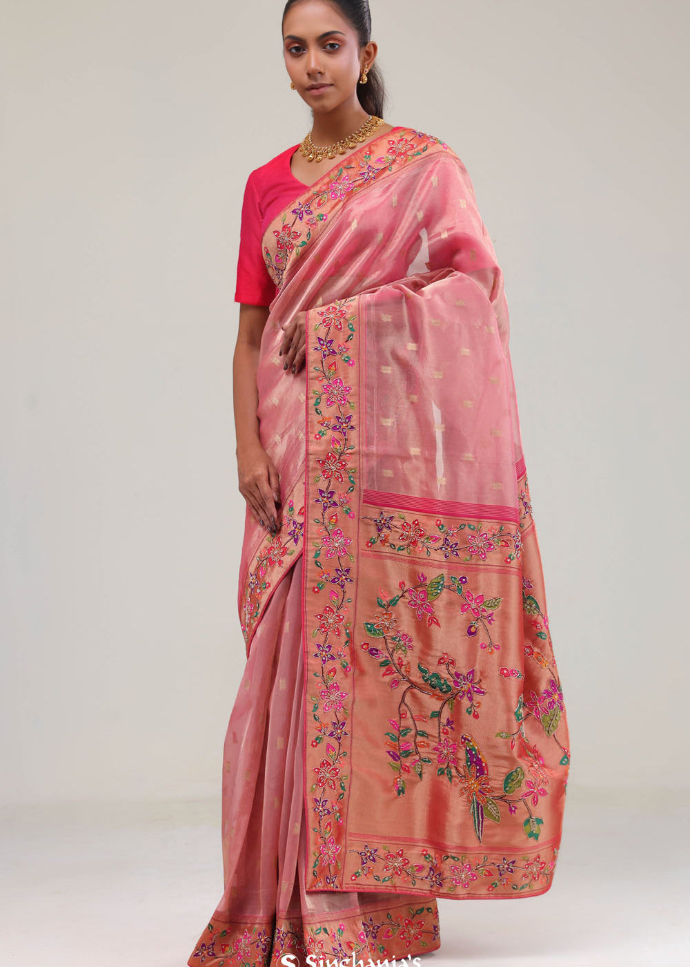 Candy Pink Designer Tissue Saree With Paithani Border