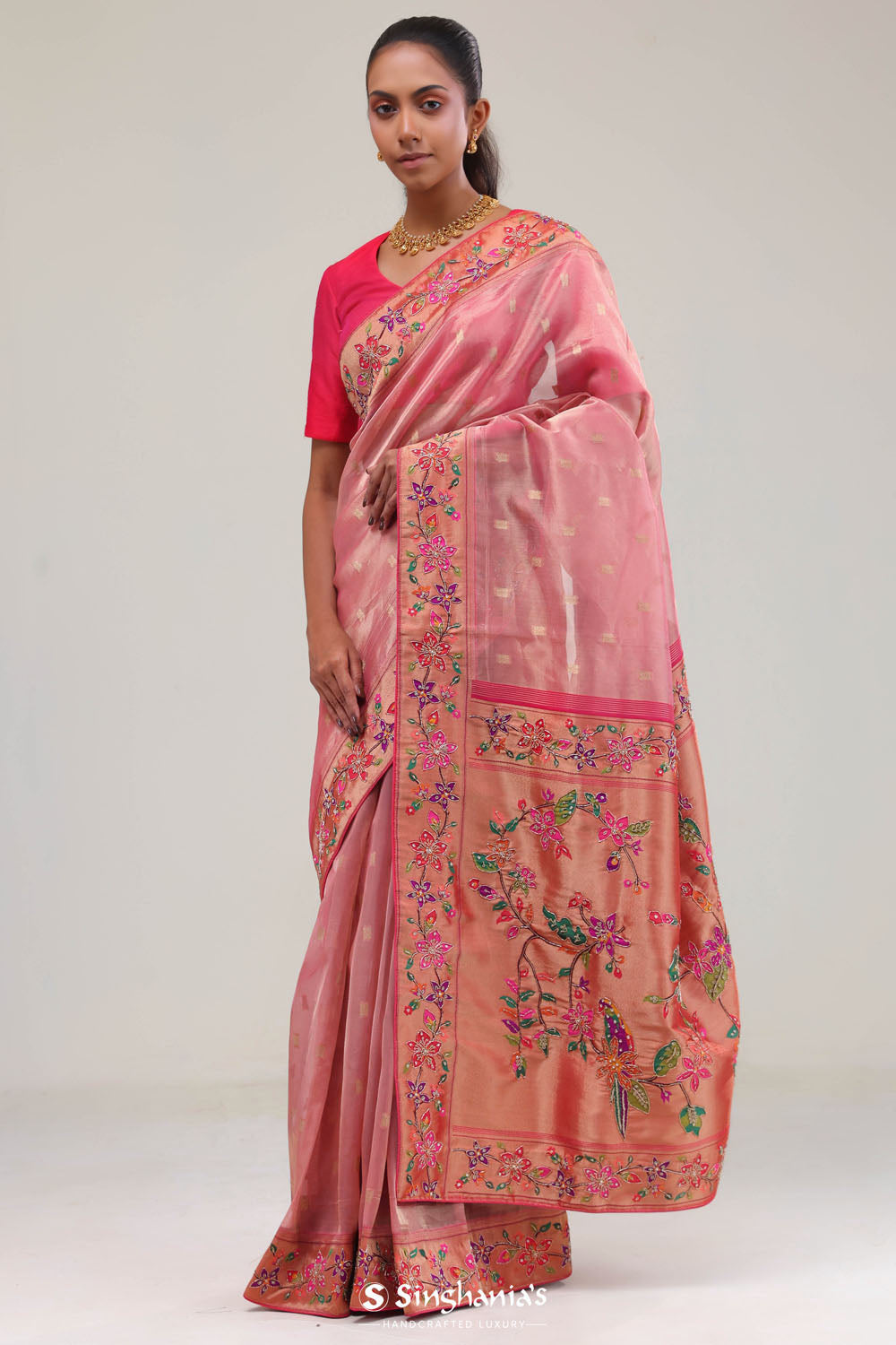 Candy Pink Designer Tissue Saree With Paithani Border