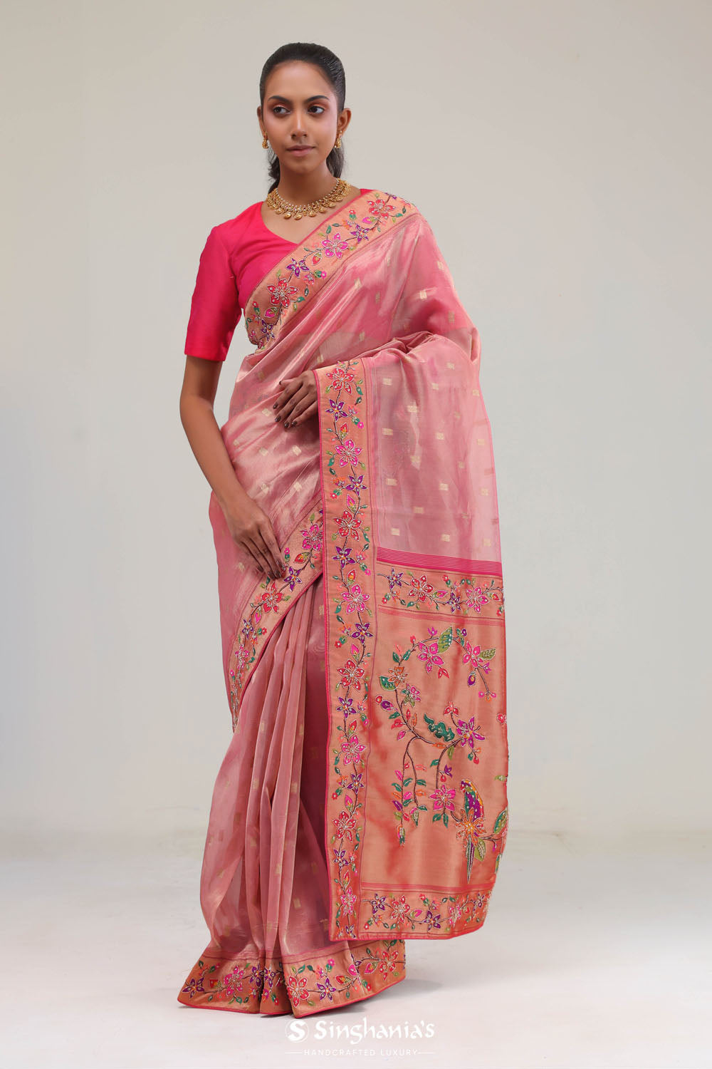 Candy Pink Designer Tissue Saree With Paithani Border