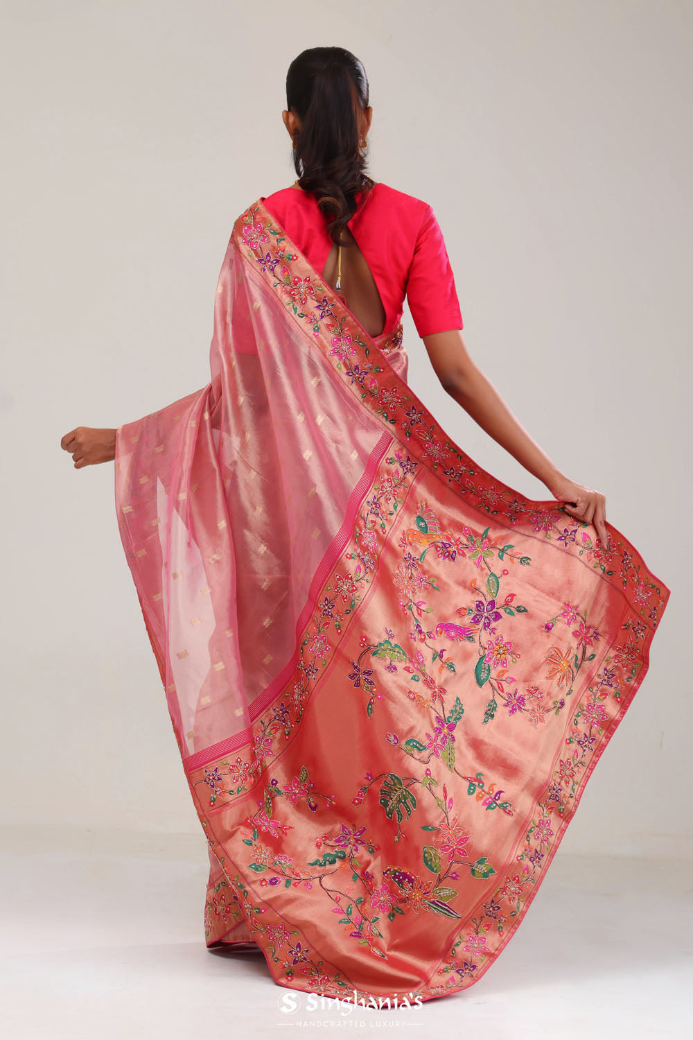 Candy Pink Designer Tissue Saree With Paithani Border