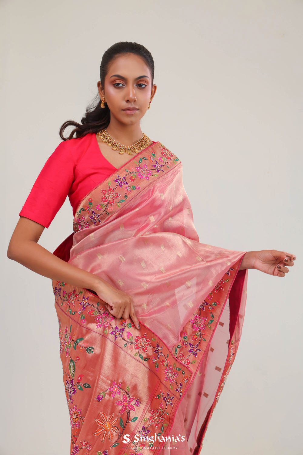 Candy Pink Designer Tissue Saree With Paithani Border