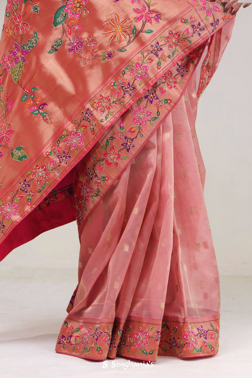 Candy Pink Designer Tissue Saree With Paithani Border