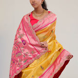 Cyber Yellow Designer Tissue Saree With Paithani Border