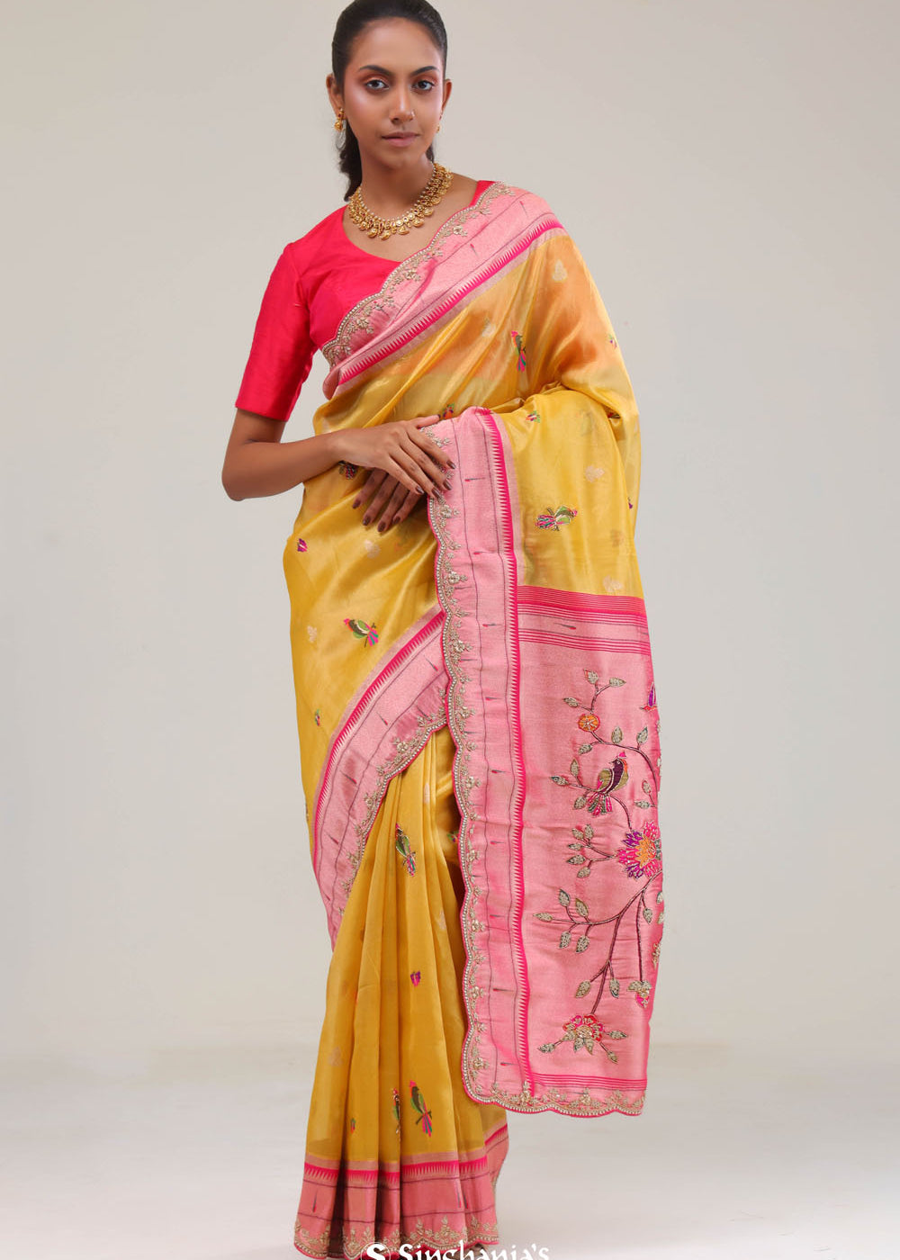 Cyber Yellow Designer Tissue Saree With Paithani Border