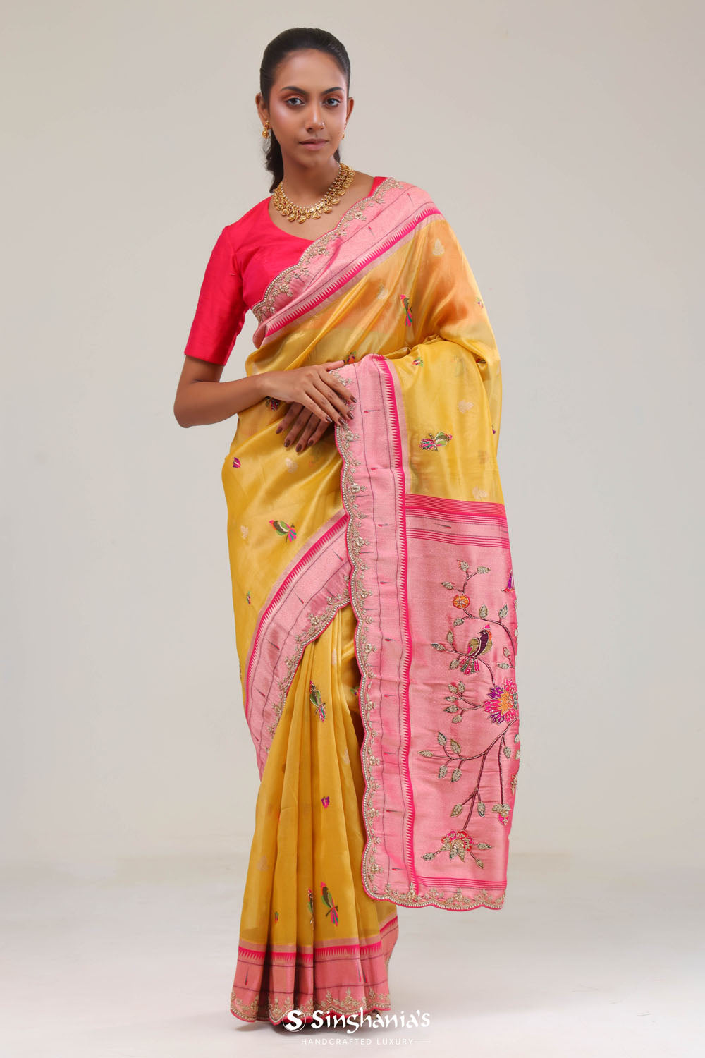 Cyber Yellow Designer Tissue Saree With Paithani Border