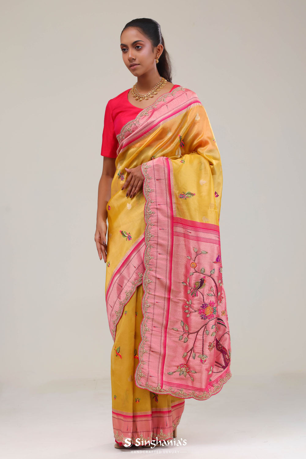 Cyber Yellow Designer Tissue Saree With Paithani Border