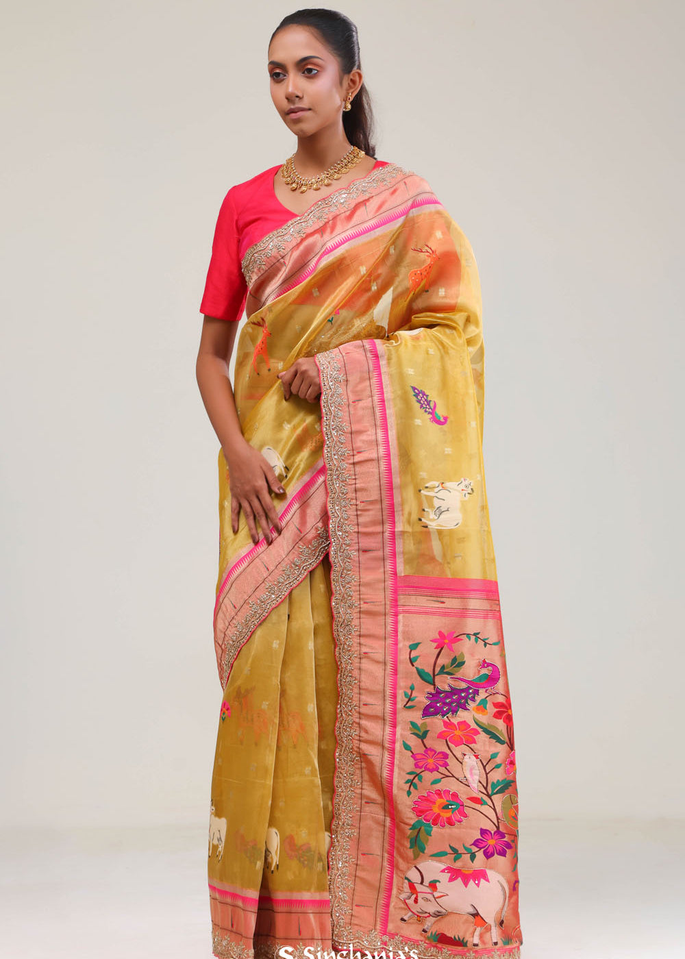 Gold Yellow Designer Tissue Saree With Paithani Border