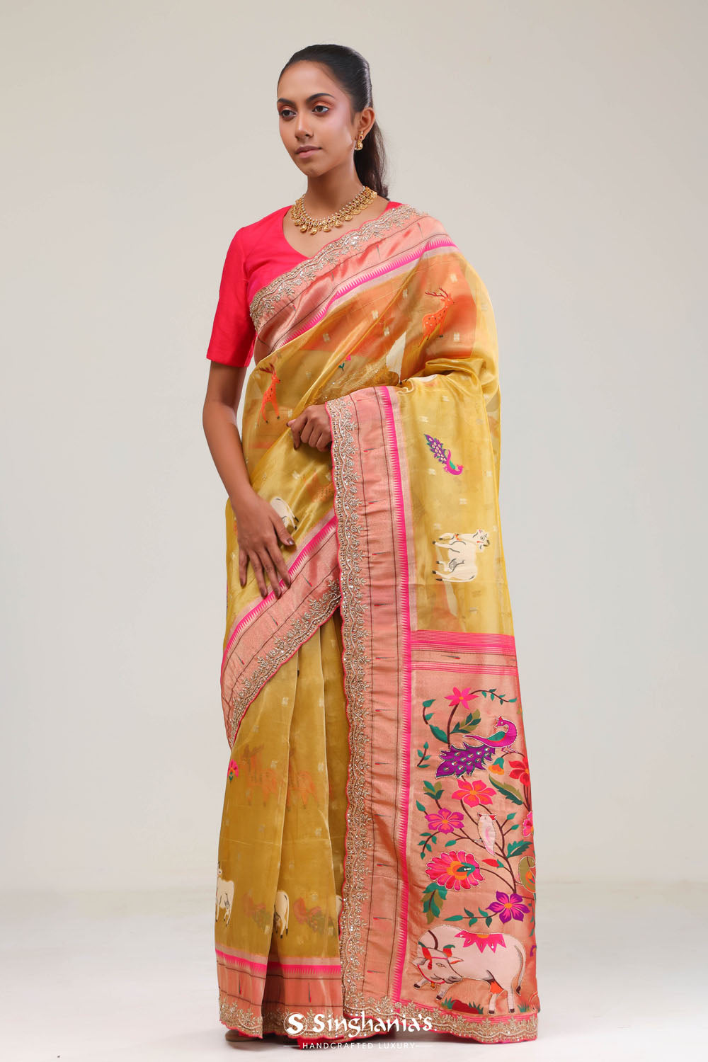 Gold Yellow Designer Tissue Saree With Paithani Border