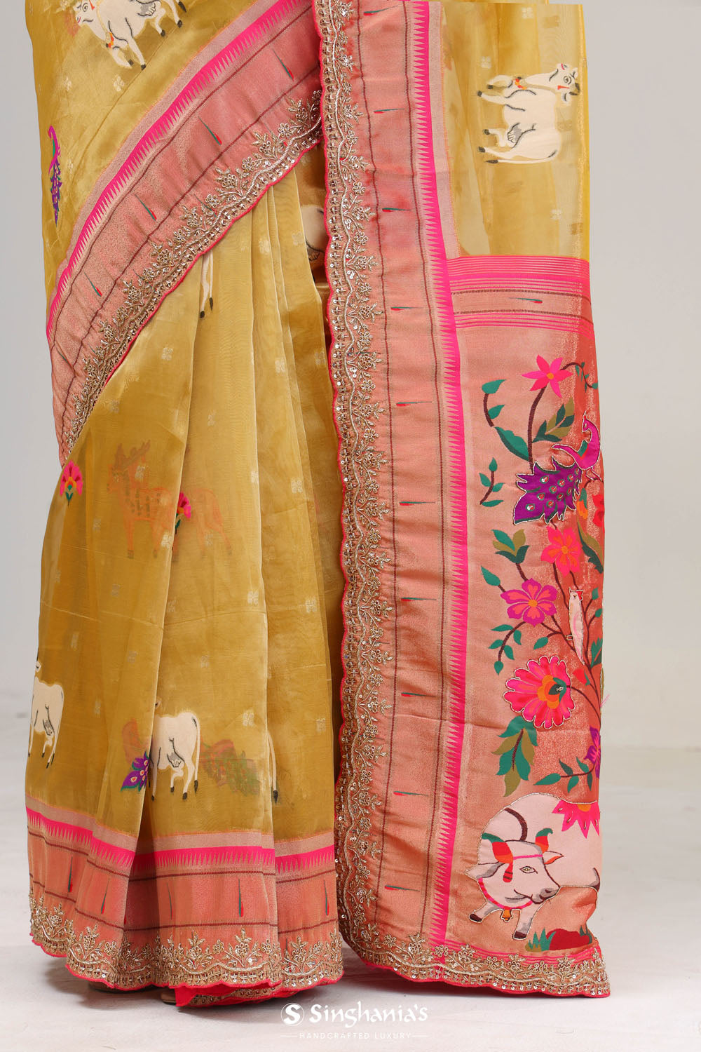 Gold Yellow Designer Tissue Saree With Paithani Border