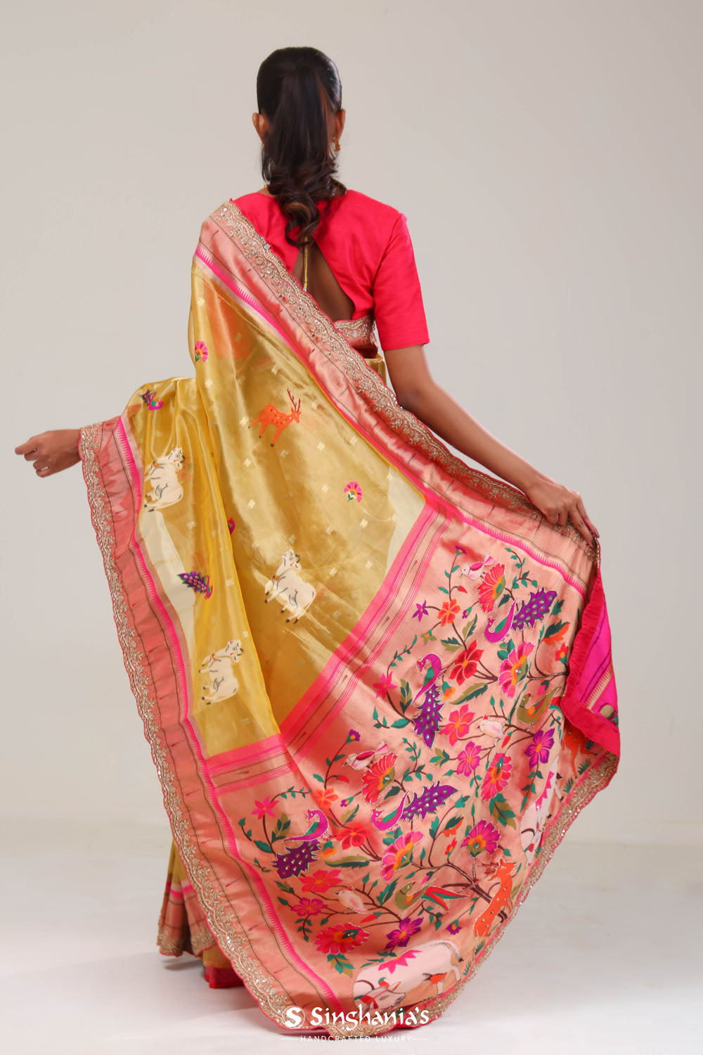 Gold Yellow Designer Tissue Saree With Paithani Border