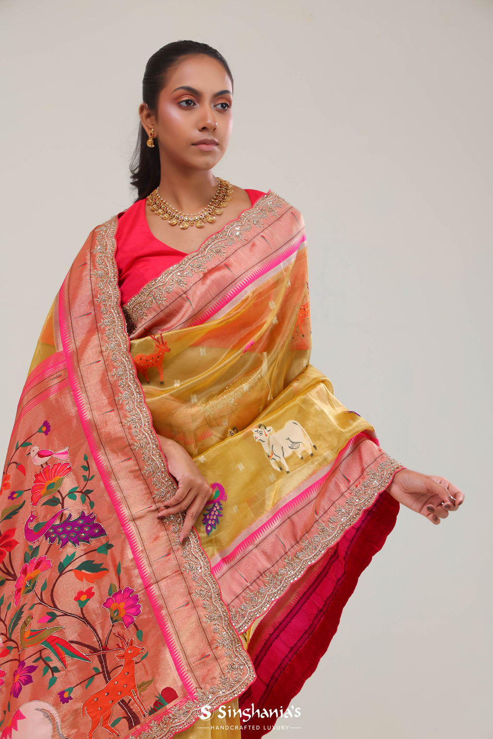 Gold Yellow Designer Tissue Saree With Paithani Border