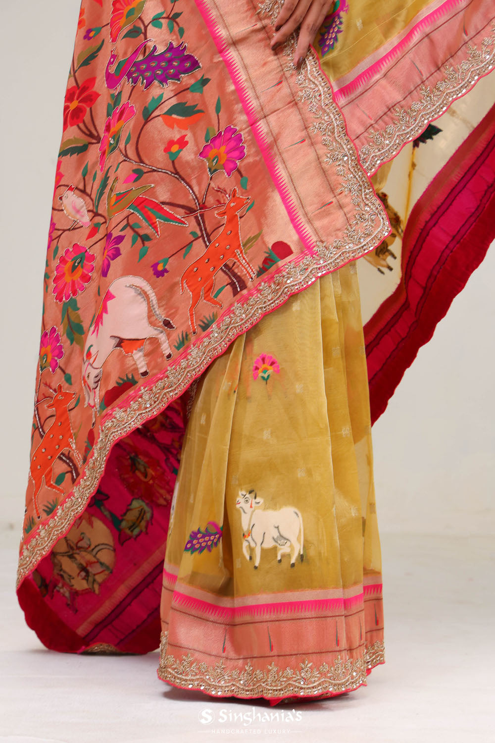 Gold Yellow Designer Tissue Saree With Paithani Border