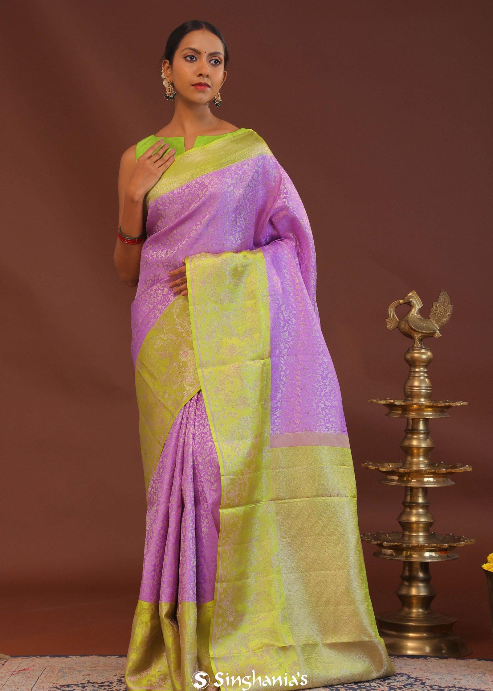 Amethyst Kanjivaram Saree With Contrast Lime Green Border