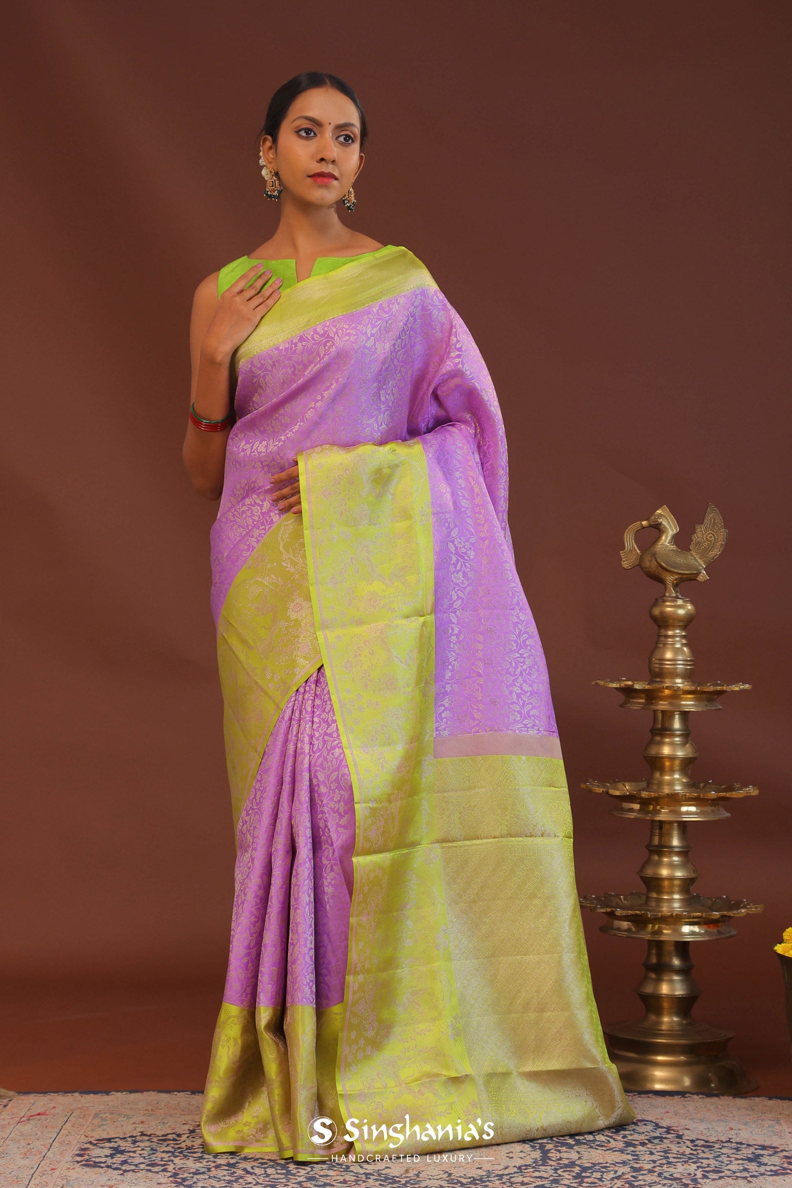 Amethyst Kanjivaram Saree With Contrast Lime Green Border