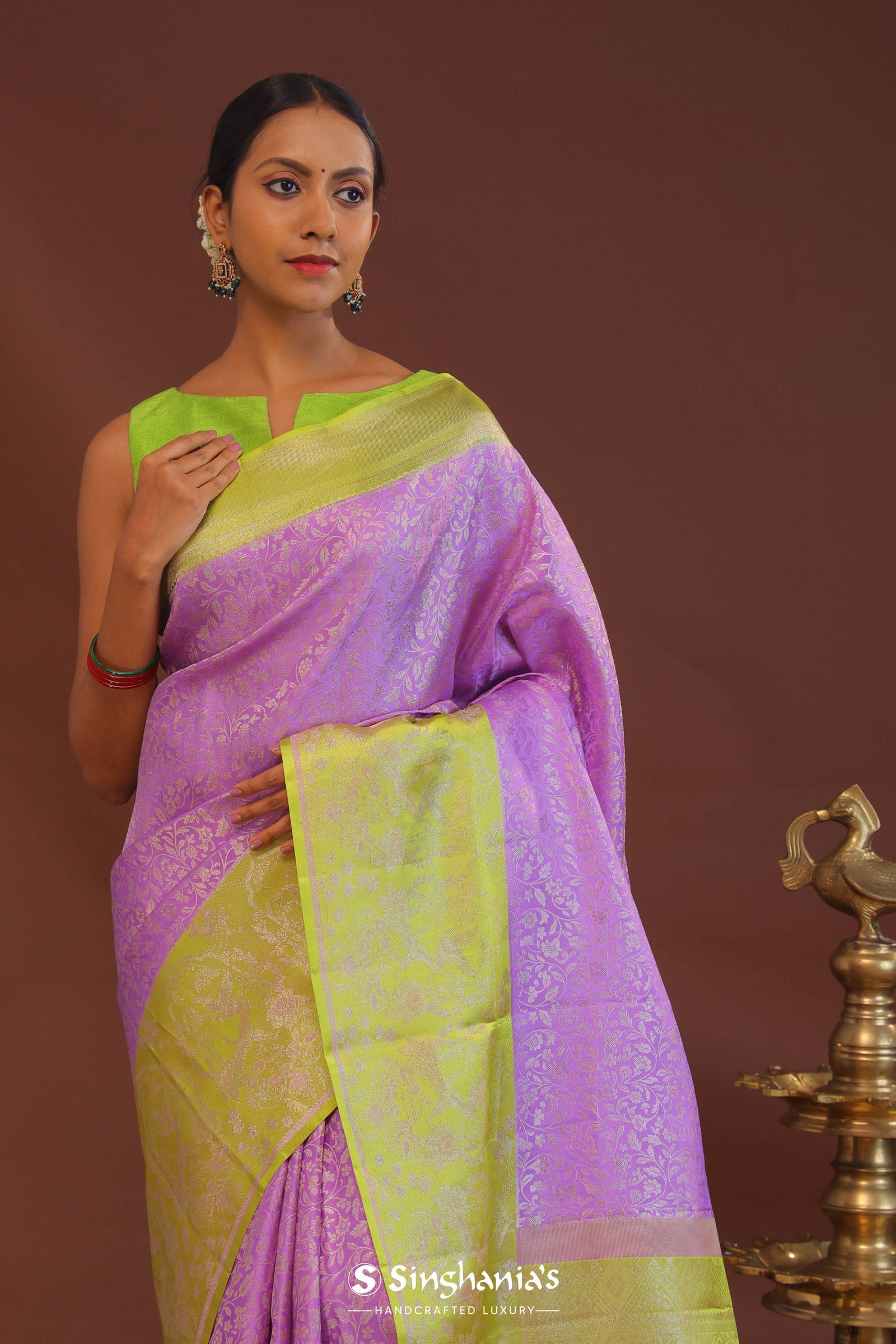 Amethyst Kanjivaram Saree With Contrast Lime Green Border