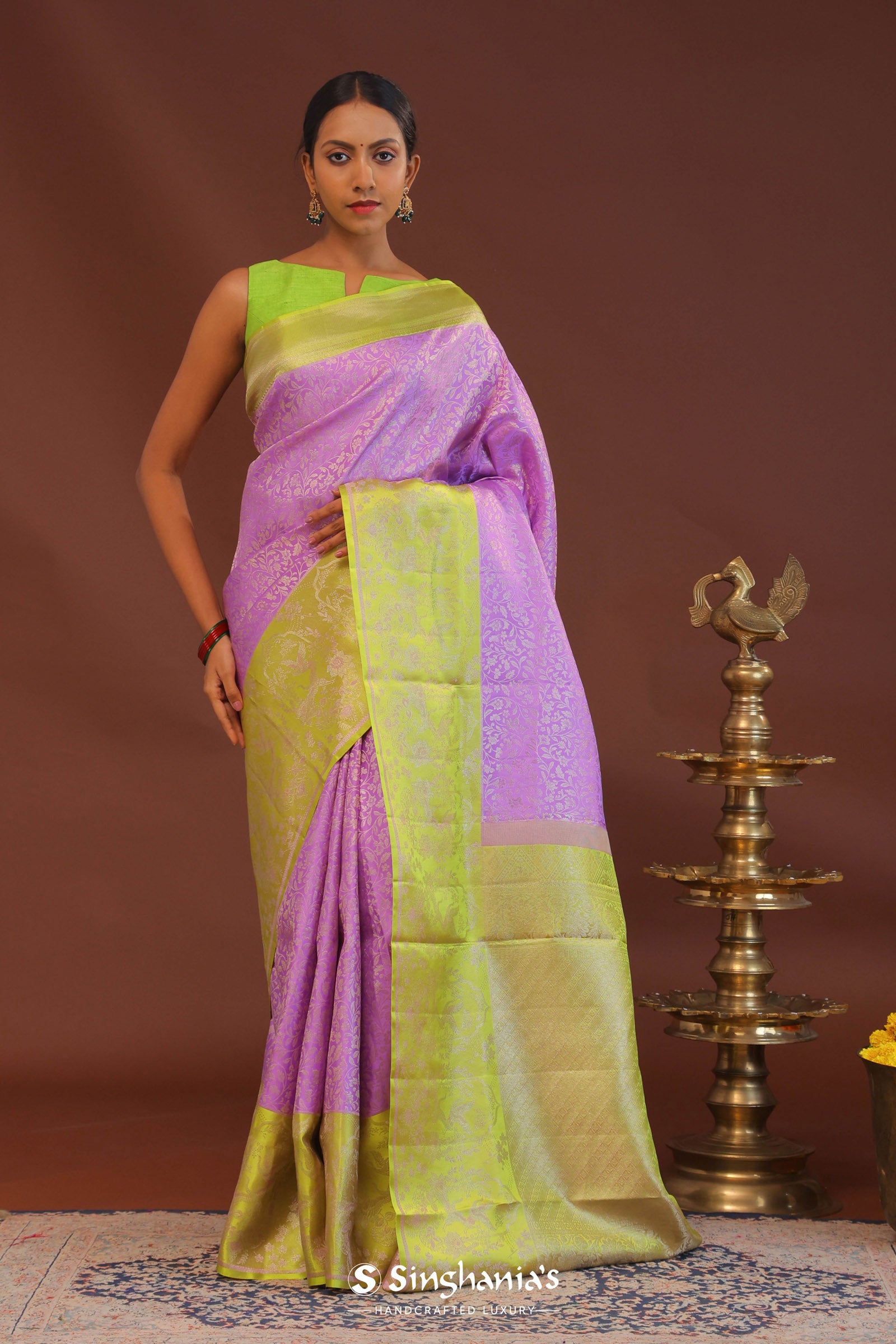 Amethyst Kanjivaram Saree With Contrast Lime Green Border