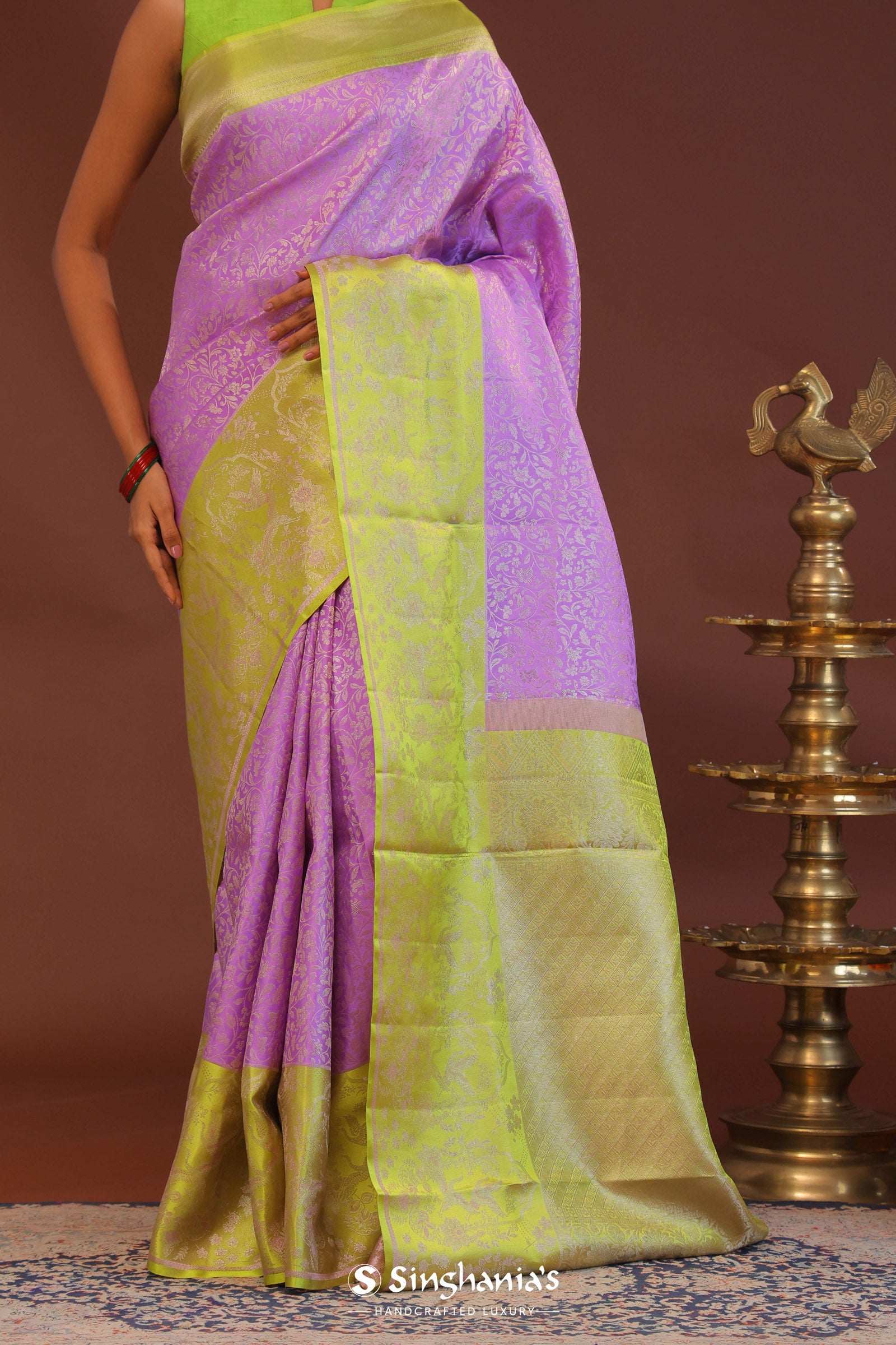 Amethyst Kanjivaram Saree With Contrast Lime Green Border