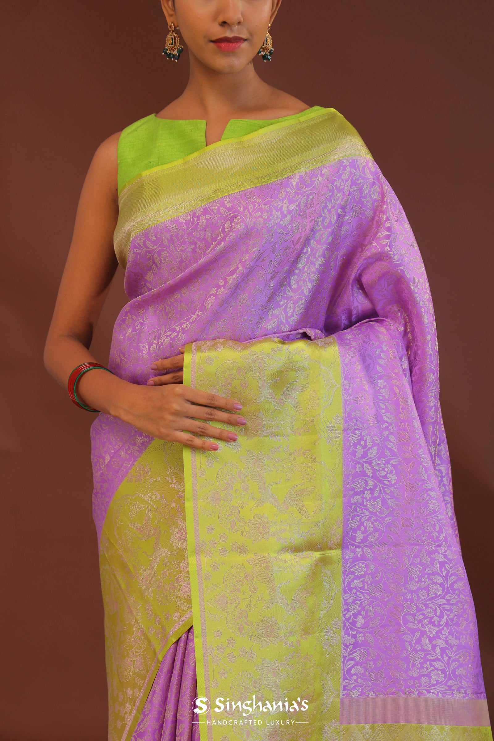 Amethyst Kanjivaram Saree With Contrast Lime Green Border