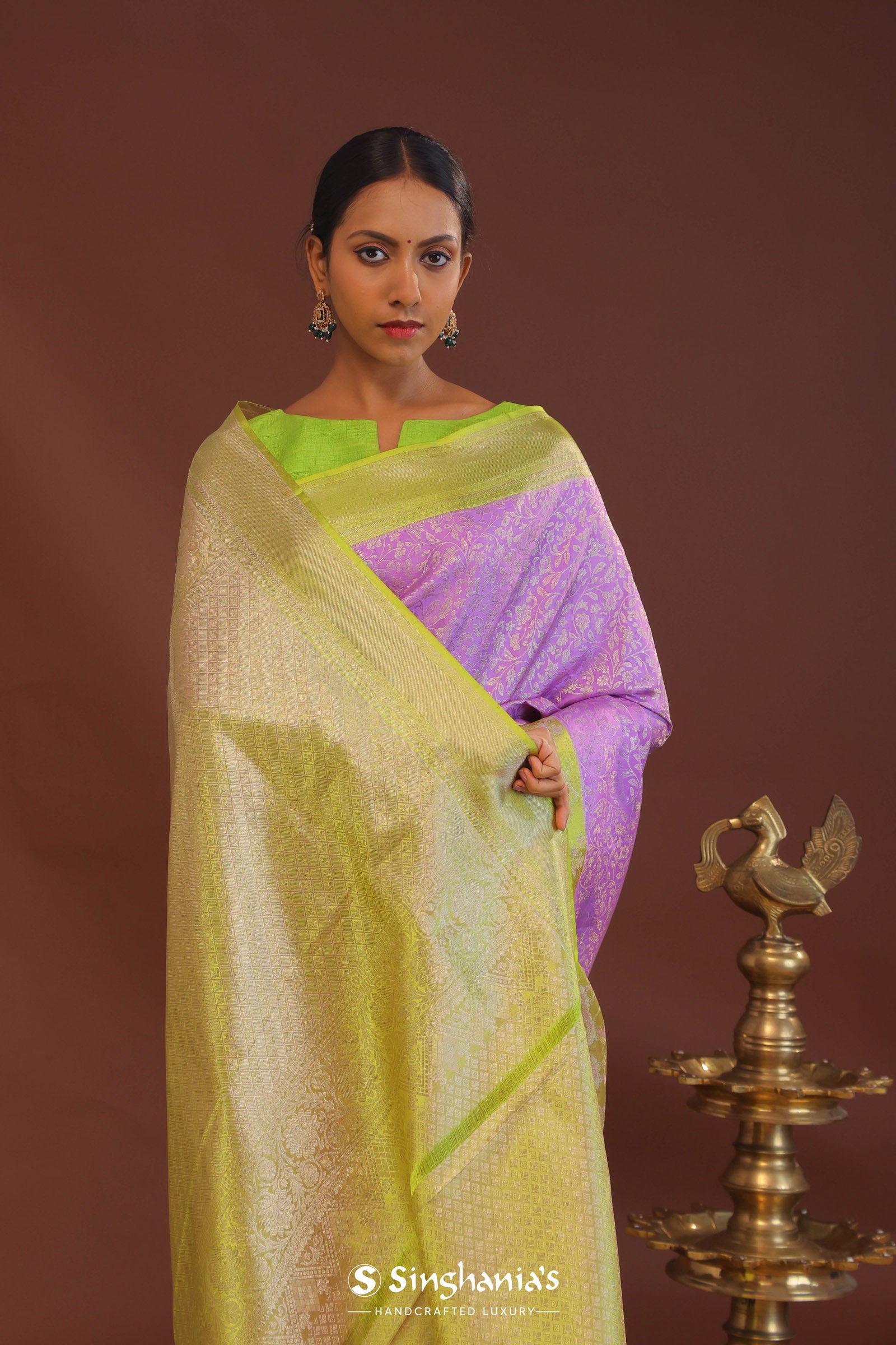 Amethyst Kanjivaram Saree With Contrast Lime Green Border