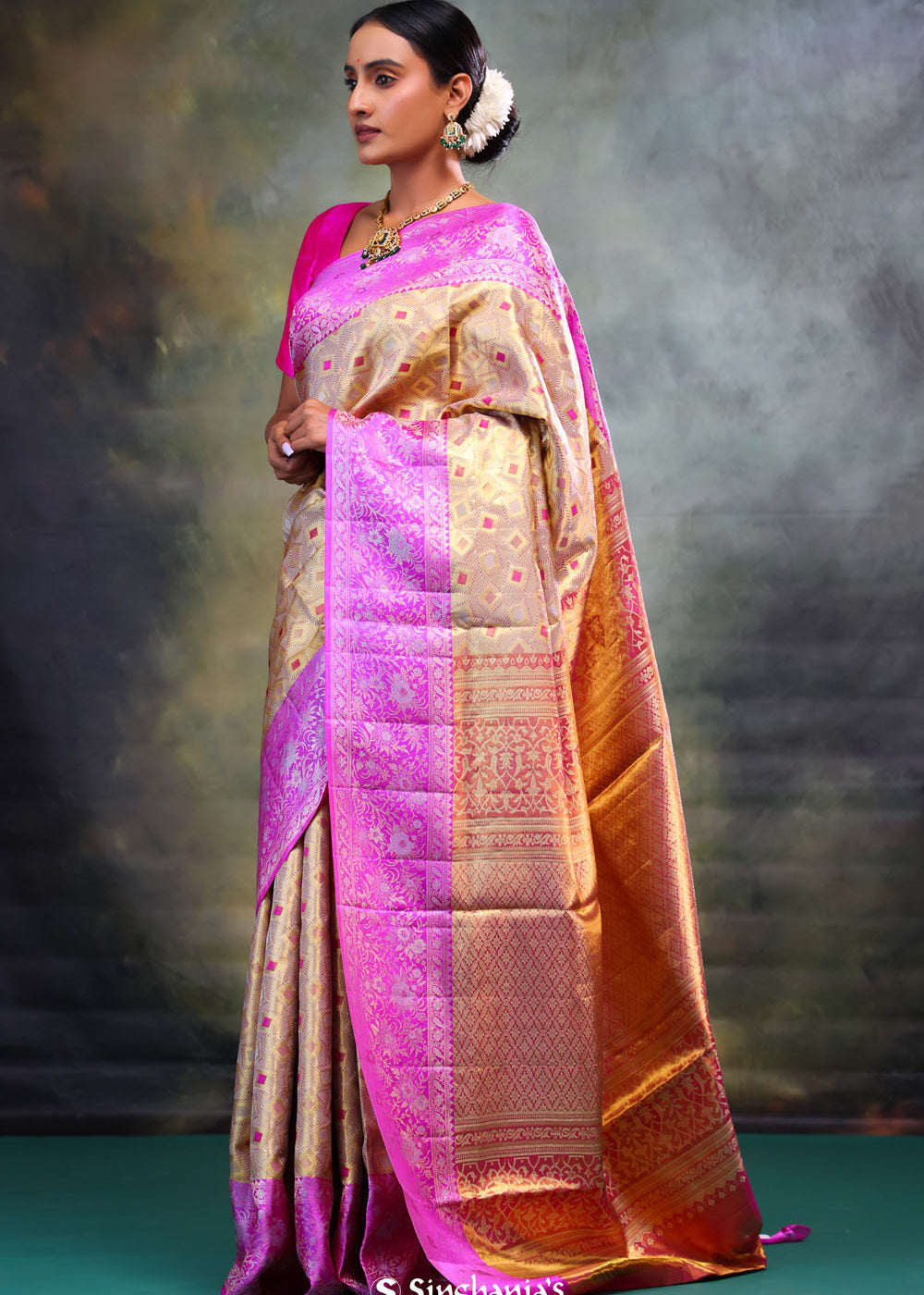 Dull Gold Kanjivaram Silk Saree With Contrast Border