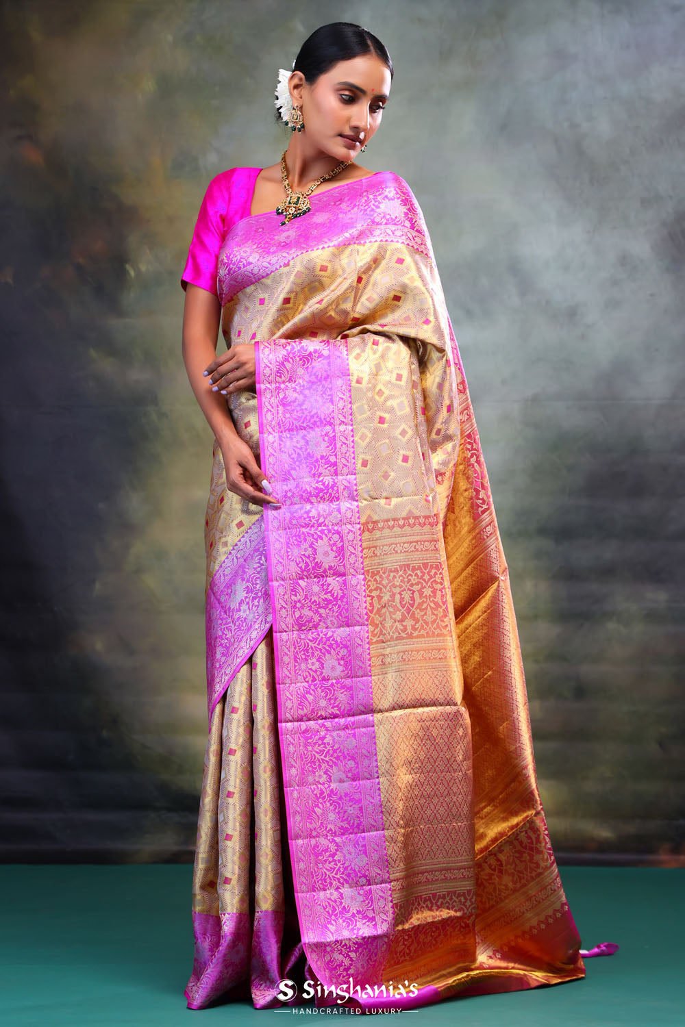 Dull Gold Kanjivaram Silk Saree With Contrast Border