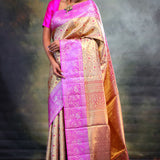 Dull Gold Kanjivaram Silk Saree With Contrast Border