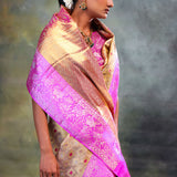 Dull Gold Kanjivaram Silk Saree With Contrast Border