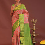 Georgia Peach Kanjivaram Saree With Contrast Light Green Border
