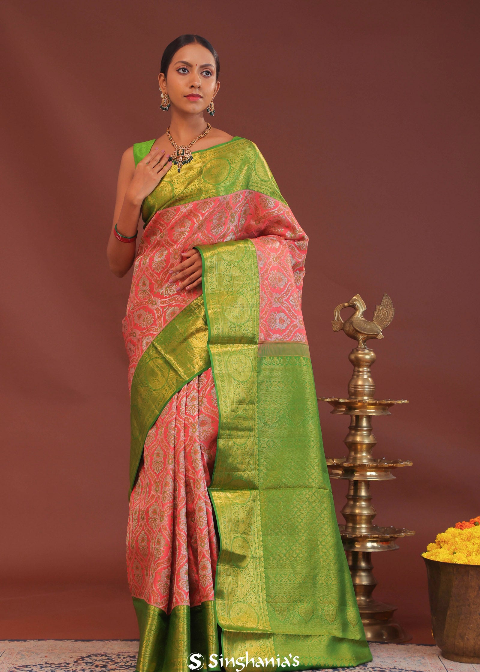 Georgia Peach Kanjivaram Saree With Contrast Light Green Border
