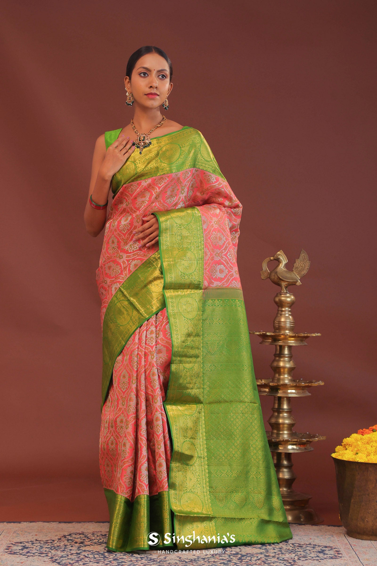 Georgia Peach Kanjivaram Saree With Contrast Light Green Border