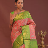 Georgia Peach Kanjivaram Saree With Contrast Light Green Border