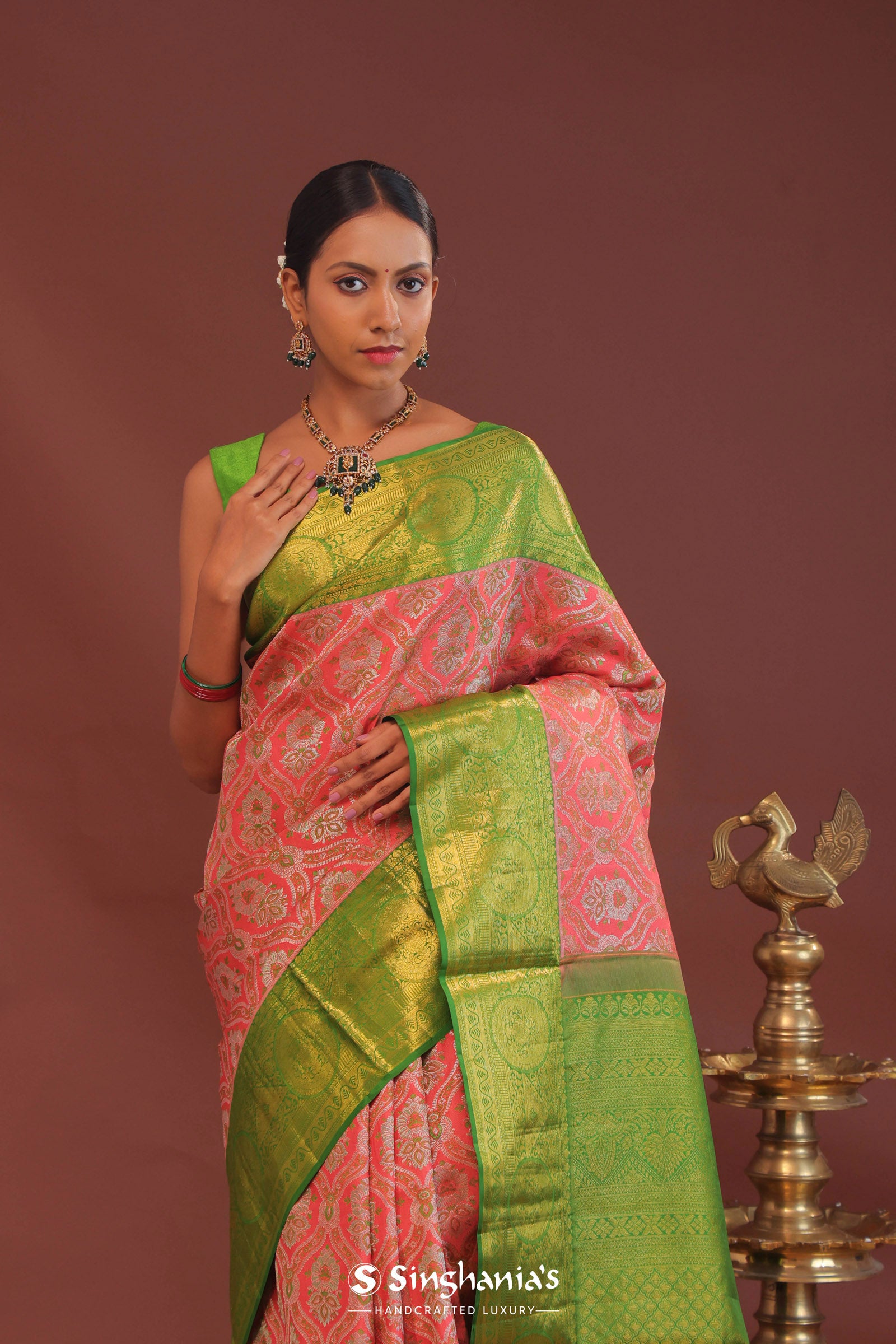 Georgia Peach Kanjivaram Saree With Contrast Light Green Border