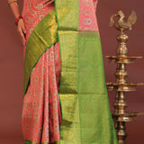 Georgia Peach Kanjivaram Saree With Contrast Light Green Border