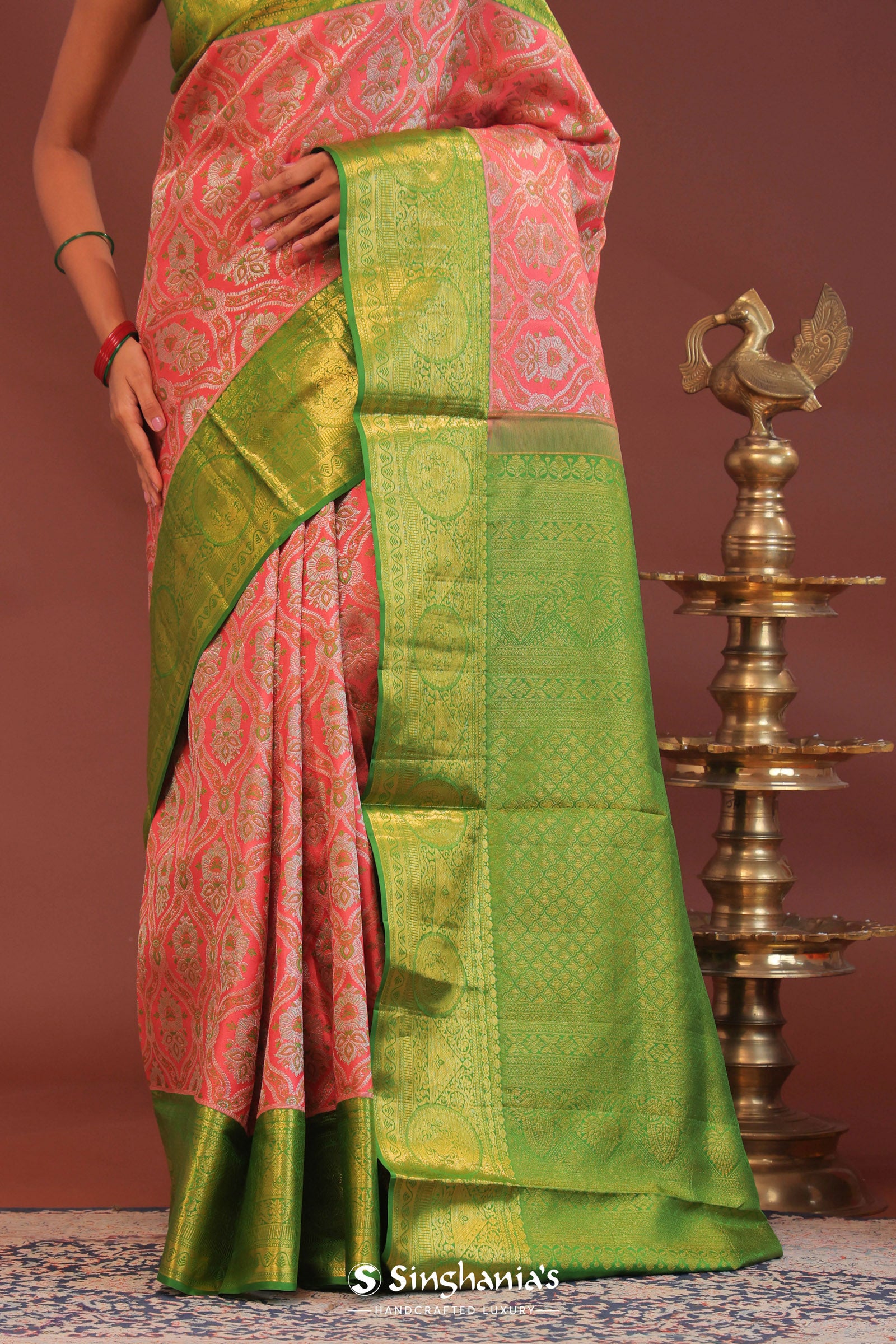 Georgia Peach Kanjivaram Saree With Contrast Light Green Border