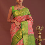 Georgia Peach Kanjivaram Saree With Contrast Light Green Border