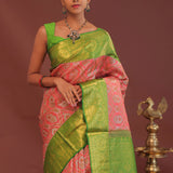 Georgia Peach Kanjivaram Saree With Contrast Light Green Border