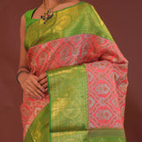 Georgia Peach Kanjivaram Saree With Contrast Light Green Border