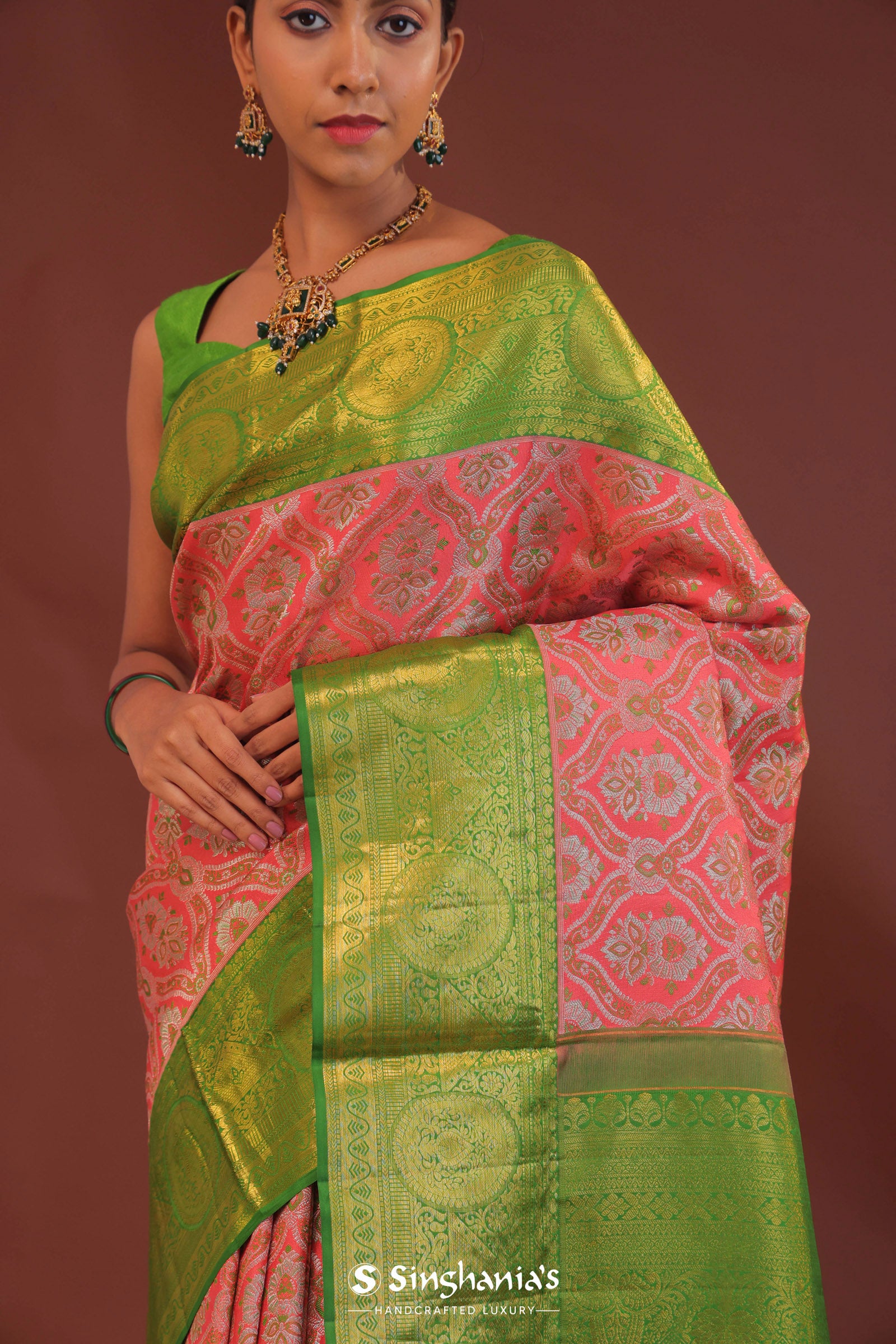 Georgia Peach Kanjivaram Saree With Contrast Light Green Border