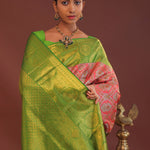 Georgia Peach Kanjivaram Saree With Contrast Light Green Border