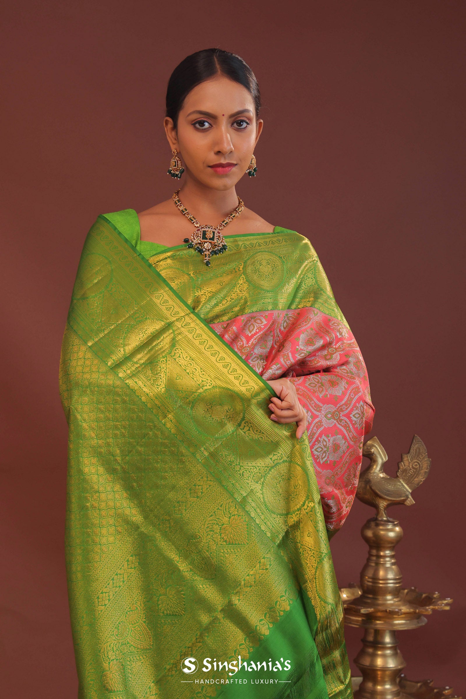 Georgia Peach Kanjivaram Saree With Contrast Light Green Border