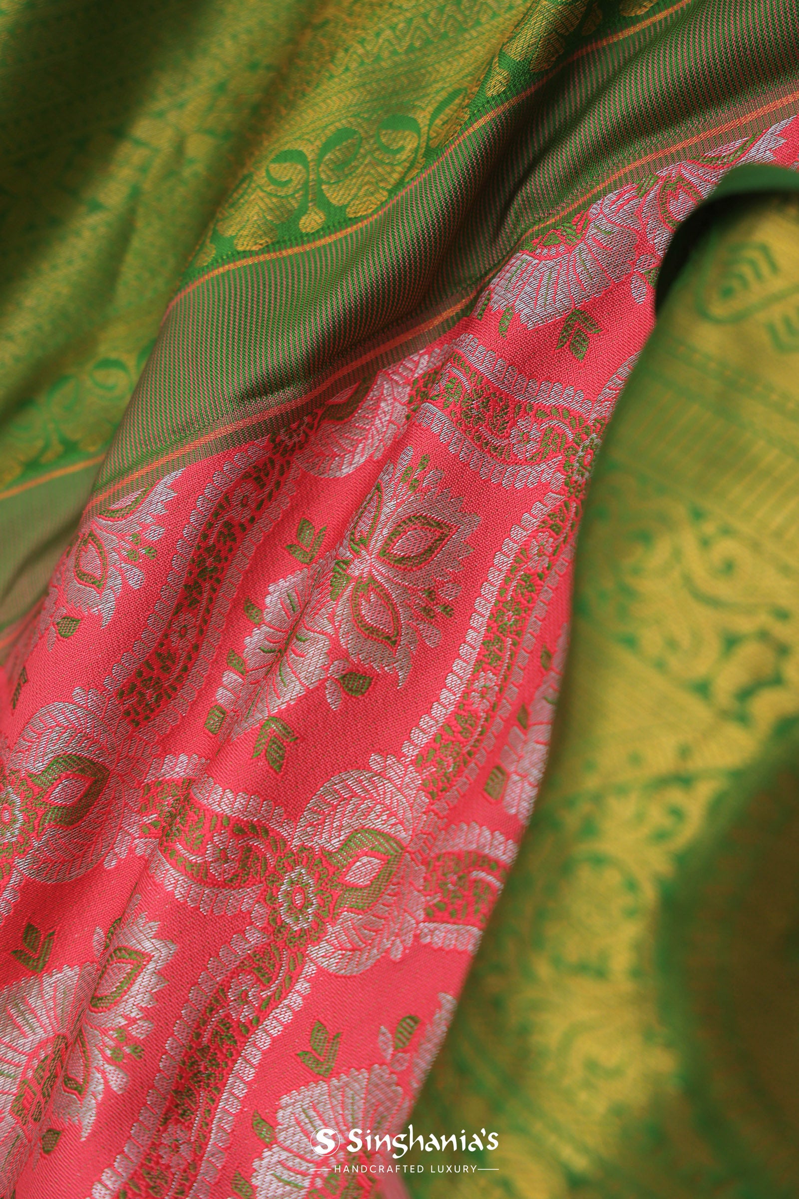Georgia Peach Kanjivaram Saree With Contrast Light Green Border