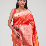 Cadmium Red Kanjivaram Silk Jaal Saree