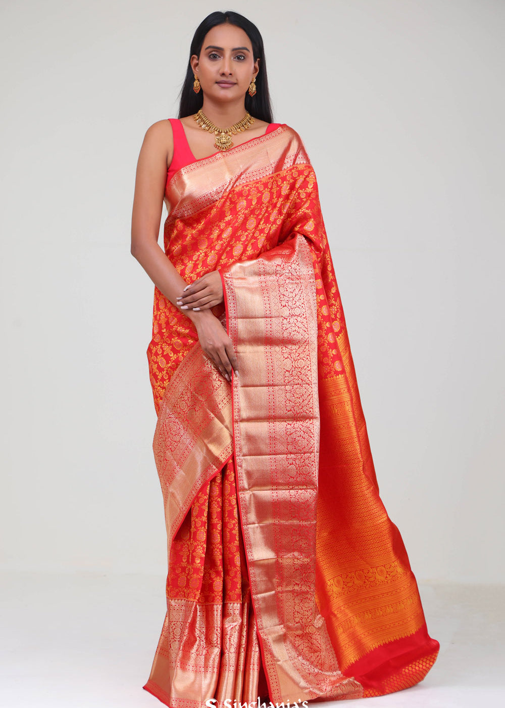 Cadmium Red Kanjivaram Silk Jaal Saree