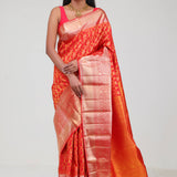 Cadmium Red Kanjivaram Silk Jaal Saree