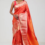 Cadmium Red Kanjivaram Silk Jaal Saree